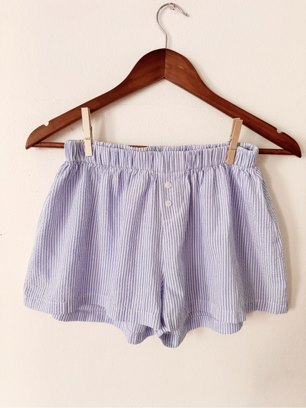 Elana M Striped Light Blue Seersucker Button Front Boxer Shorts Medium